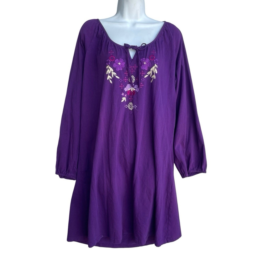Take Two Floral Embroidered Boho Hippie Dress Plus Size 1X Purple Short Length